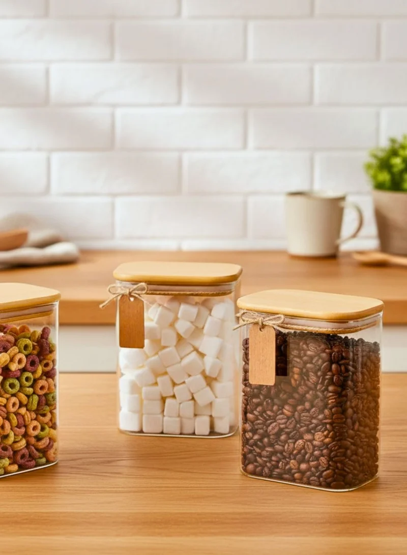 1 تشيس علب تخزين زجاجية مستطيلة بأغطية من الخيزران - 1100 مل، طقم من 4 قطع